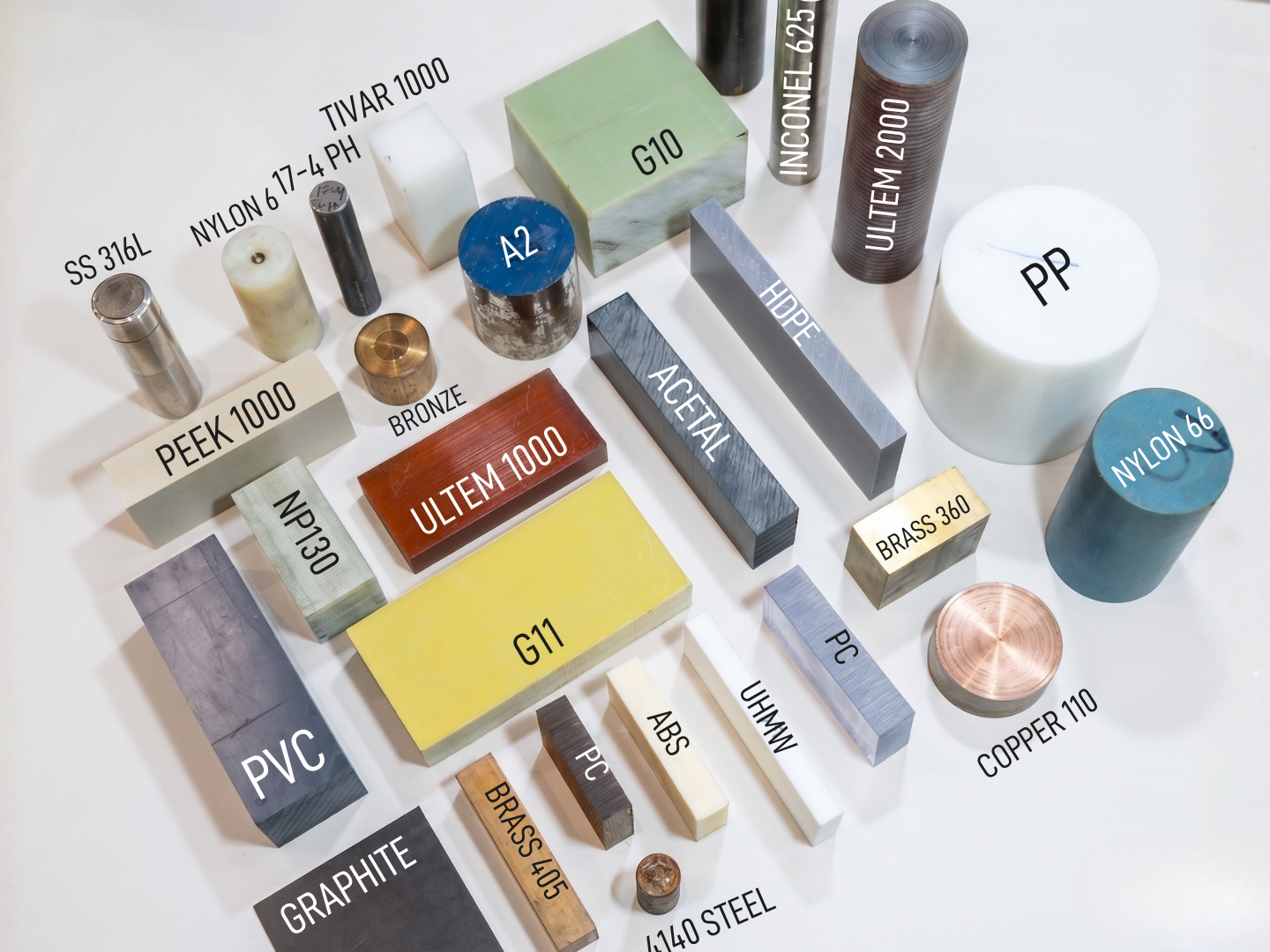 Engineering materials — graphite, PEEK, titanium, G10, GF epoxy, Ultem, aluminium, and more