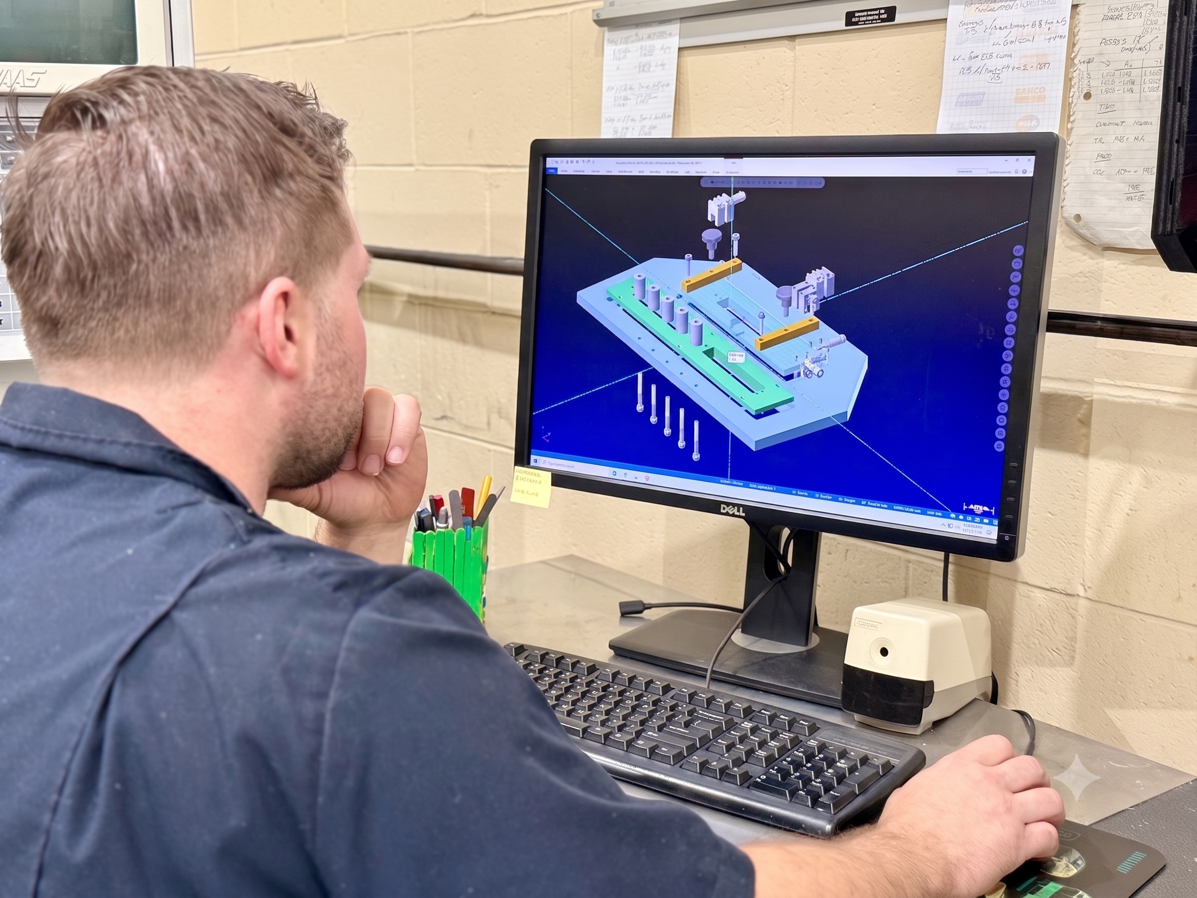 An engineer reviewing a 3D CAD model of a machining fixture on-screen during design.